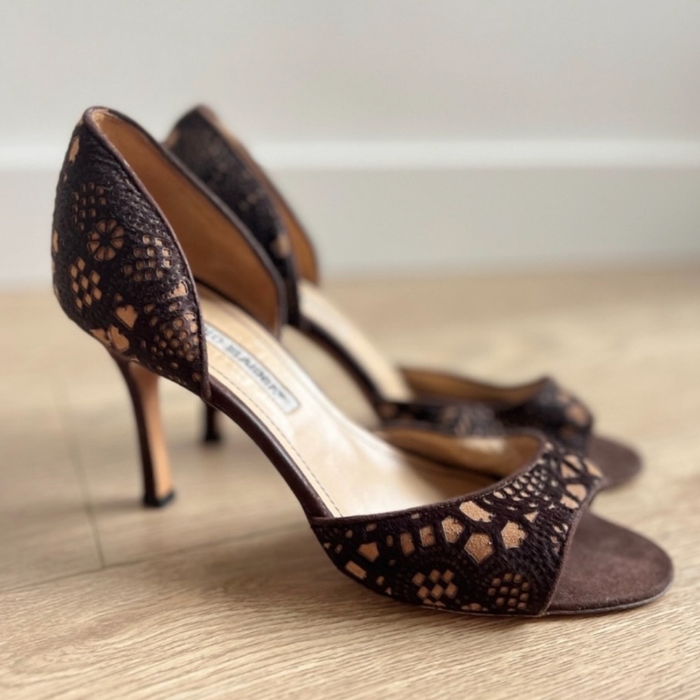 Manolo Blahnik Brown Stiletto Heels with Lace/ suede Pattern